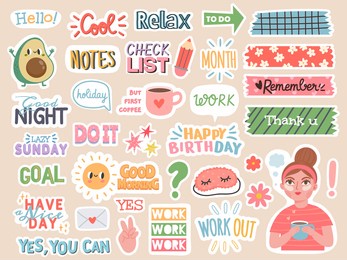 planner stickers. cartoon characters and motivation notes for diary, to do list or scrapbook decoration. organizer journal words vector set with phrases and avocado, girl, sleeping mask badges
