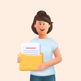 3d cartoon character. young woman holding a folder with file or documents and smiling. 3d vector illustration.