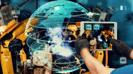 smart industry robot arms modernization for innovative factory technology . concept of automation manufacturing process of industry 4.0 or 4th industrial revolution and iot software control operation.