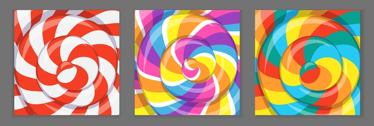 colorful lollipop background with rainbow stripes. posters with pattern of twisted sucker candy. vector cartoon backdrop with texture of hard sugar caramel, lollypop