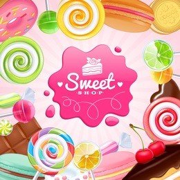 different sweets colorful background. lollipops, cake, macarons, chocolate bar, candies and donut on shine background.