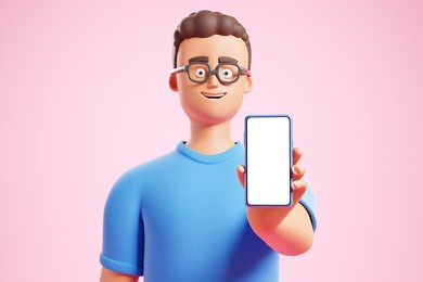handsome cartoon character man in glases show smartphone with white blank mock up screen over pink background. 3d render illustration.