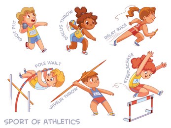 sport of athletics. set. shot put, discus throw, relay race, pole vault, javelin throw, steeplechase, long jump, marathon. cartoon characters. funny vector illustration. isolated on white background