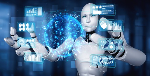 ai humanoid robot holding virtual hologram screen showing concept of big data analytic using artificial intelligence thinking by machine learning process. 3d illustration.