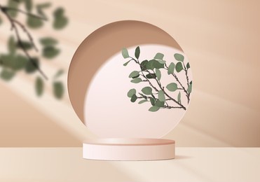 3d background products display podium scene with palm leaf geometric platform. background vector 3d render with podium. stand to show cosmetic product. stage showcase on pedestal display biege studio