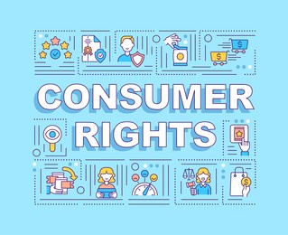 consumer rights word concepts banner. relationships between consumers and businesses. infographics with linear icons on blue background. isolated typography. vector outline rgb color illustration