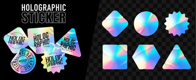 holographic stickers. hologram labels of different shapes. colored blank rainbow shiny emblems, label. paper stickers. vector illustration
