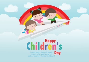 happy children's day background poster with happy three kids flying on a paper airplane in the cloudy sky and rainbow greeting card isolated vector illustration