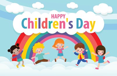 happy children's day background poster with group cute kids jumping on the cloudy sky and rainbow greeting card isolated vector illustration