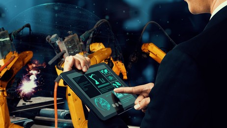 smart industry robot arms modernization for innovative factory technology . concept of automation manufacturing process of industry 4.0 or 4th industrial revolution and iot software control operation.