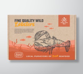 fine quality seafood cardboard box. abstract vector food packaging label design. modern typography and hand drawn lobster and fishes silhouettes. sea bottom landscape background layout with banner.
