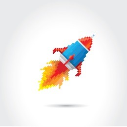vector flat pixel art rocket on stylish grey background. rocket launch or business startup icon