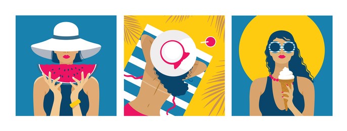 summer bright cards set: a girl in a hat on vacation at the sea. vector, isolated.