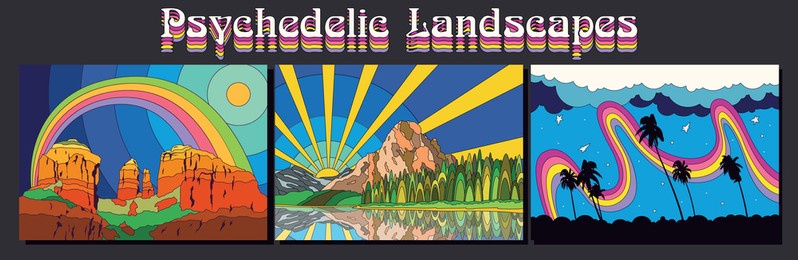 psychedelic landscapes: american desert, mountains, forest, lake, palm trees 