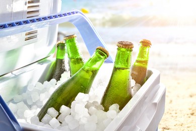 bottles of beer chilled on ice in a camping fridge on a beach on a hot day with sunshine.