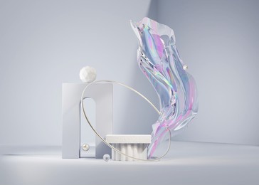 3d background stone podium pillar display, abstract metallic iridescent holographic foil cloth flying with ancient column pedestal for cosmetic product placement. trendy geometric stand 3d render