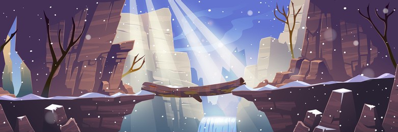 log bridge at winter mountains above rock cliff. scenery landscape with frozen waterfall, bare trees and falling snow. beautiful nature view, beam connect rocky edges, cartoon vector illustration