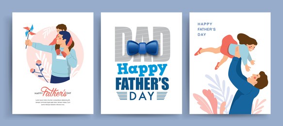 set of happy father's day greeting card. vector illustration of fathers and kids in flat style.
