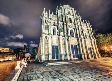 night view of st paul facade in old macau, china