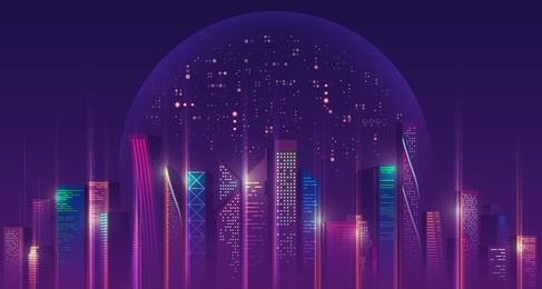 graphic of futuristic city with outer space and purple planet as a background