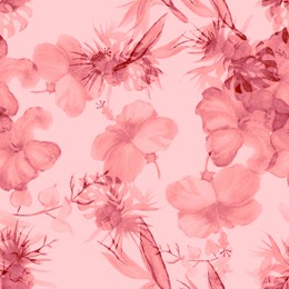 coral hibiscus painting. pink flower leaf. blur seamless background. fuchsia watercolor illustration. pattern leaves.tropical foliage. exotic decor.nature set.