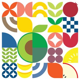 minimalist geometric artwork poster of fruits with colorful simple shapes. flat abstract vector pattern design in scandinavian style. avocado, apple, pineapple, pomegranate, and banana.