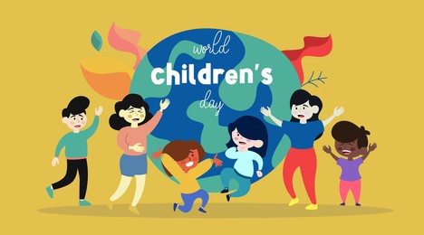 world children's day illustration with happy children's cartoon characters