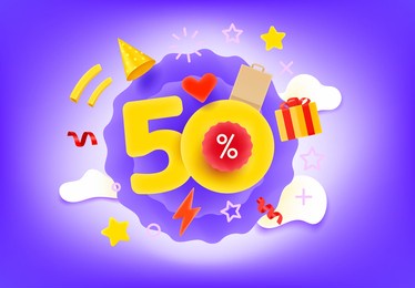fifty percent shopping discount illustration with different market elements. 3d style vector illustration