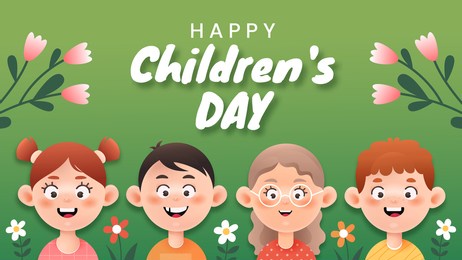 a group of cheerful children on a green background. world children's day. colorful horizontal card for childrens day. 