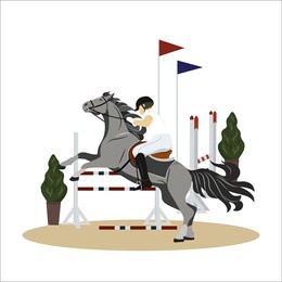 girl performs on a horse in a competition. jockey on horse. horse riding. equestrian sport. isolated vector illustration on a flat style.
