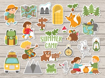 vector summer camp stickers set. camping, hiking, fishing equipment patches collection with cute kids and forest animals on wooden background. outdoor nature tourism patches pack 
