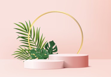 3d background products display podium scene with green leaf geometric platform. background vector 3d render with podium. stand to show cosmetic product. stage showcase on pedestal display pink studio