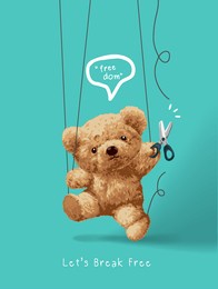 break free slogan with bear doll puppet holding scissors vector illustration