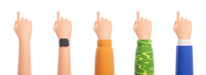 set of five cartoon character hand pointing at something or push touch screen on isolated white background. blue suit, yellow shirt and smart watch. 3d render illustration.
