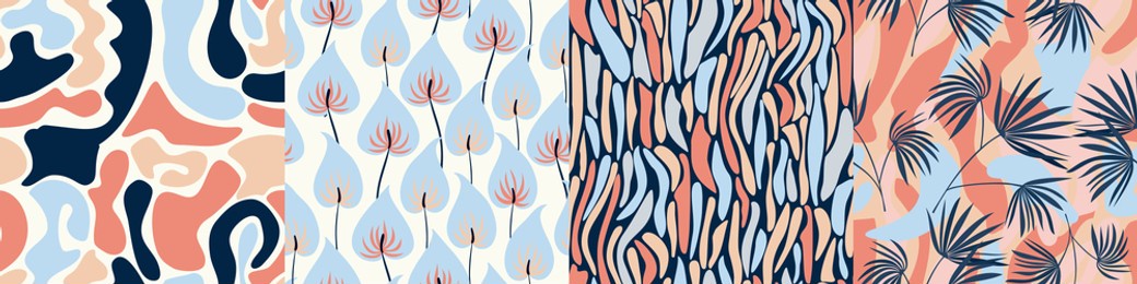  set of seamless nature pattern. abstract  shapes and elements, leaves, plants, palm, summer, white and brown background, hand drawn, minimalist,  packaging, wallpaper, design for textiles, vector