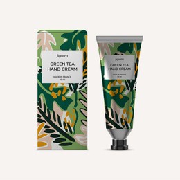 green tea hand cream mockup, package design template with attractive label design and vector illustration