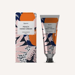 peach hand cream mockup, package design template with attractive label design and vector illustration