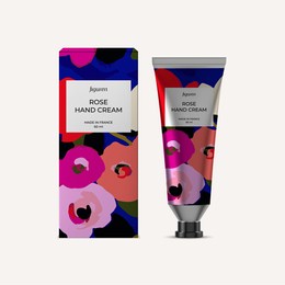 rose hand cream mockup, package design template with attractive label design and vector illustration