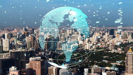 global connection and the internet network modernization in smart city . concept of future 5g wireless digital connecting and social media networking .