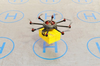 parcel warehouse with runway and a drone taking off with a package for delivery.future delivery concept. 3d render