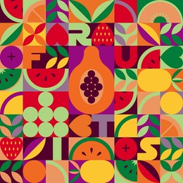 vintage retro fruit vector seamless pattern. abstract geometric shape ornament with leaves, fruits and berries. modern stylish background for home and textile print, tile, wallpaper and wrapping
