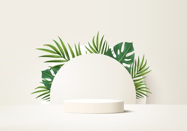 3d background products display podium scene with palm leaf geometric platform. background vector 3d render with podium. stand to show cosmetic product. stage showcase on pedestal display beige studio