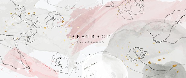 abstract art background vector. luxury minimal style wallpaper with golden line art flower and botanical leaves, organic shapes, watercolor. vector background for banner, poster, web and packaging.
