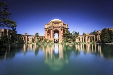 old temple monument and water reflection in san francisco