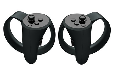 virtual reality black controllers for online and cloud gaming on white background. 3d rendering of device for augmented reality or vr