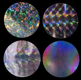 cool round metallic holo stickers on black with scratches, sticky holographic iridescent color foil tapes or snips for your design poster, sticker set.