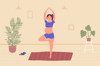 pregnancy meditation yoga flat illustration. cartoon beautiful pregnant woman character relaxing, meditating in lotus yoga asana pose, listening to music in home apartment interior background