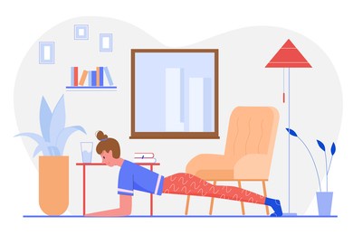 yoga practice sport activity flat illustration. cartoon active girl character practicing yoga asana exercises in summer outdoor park garden, sports healthy activity in nature isolated on white