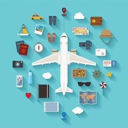 vector modern flat style icons set for tourism industry, traveling on airplane, planning summer vacations.