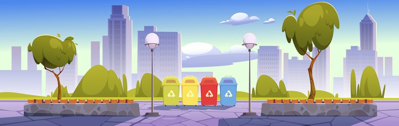 city park with recycling bins for sorting waste, garbage separation to protect environment. summer landscape, cityscape background, public place with trees for recreation. cartoon vector illustration